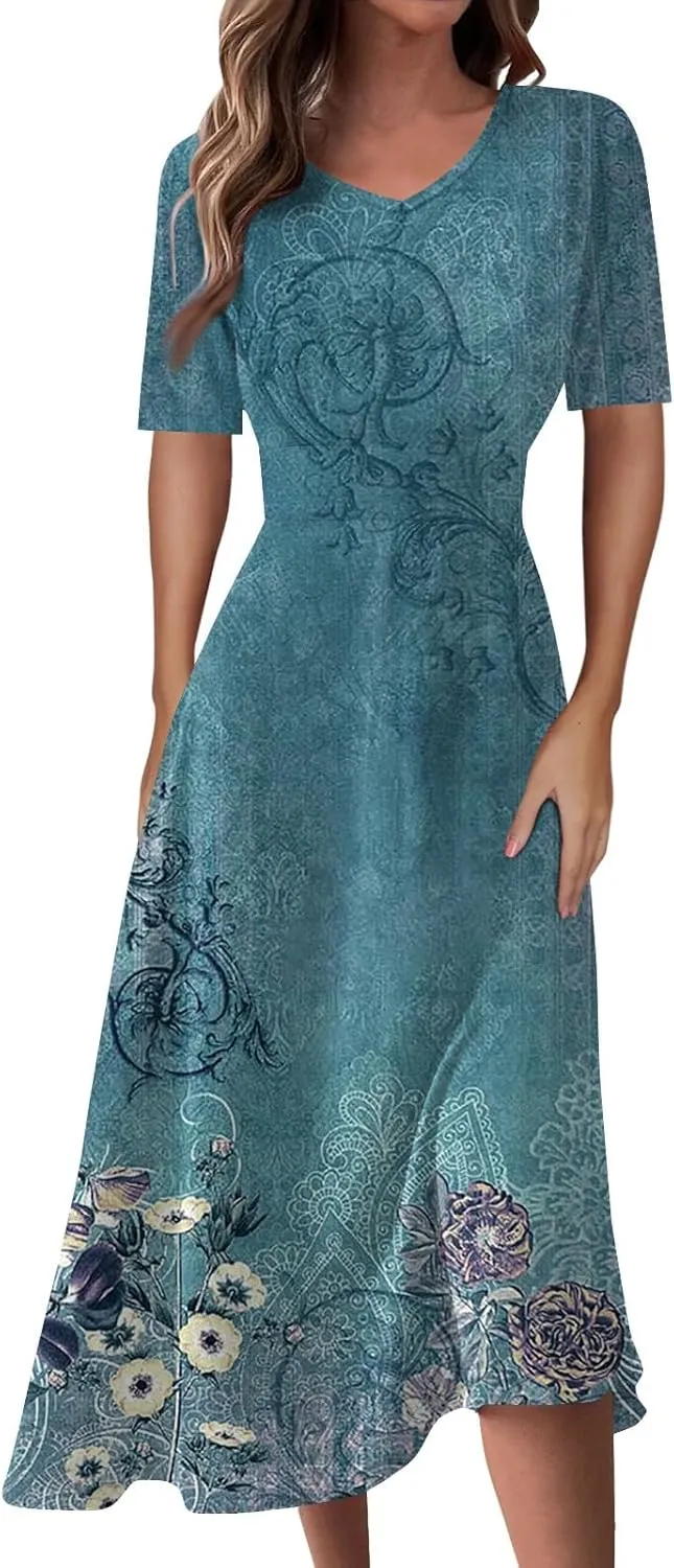 Midi Dresses for Women A-Line Waist V Neck Beach Dress Printing Swing Dress Short Sleeve Comfy Maxi Dresses