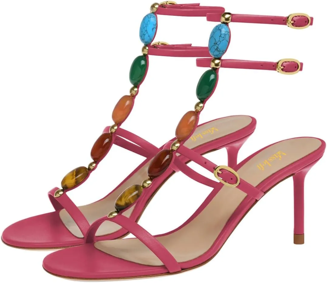 miss left Women Sexy Beaded T-Strap Buckled Stiletto Sandals Open Toe Thin Mid Heel Jewelled Evening Dress Party Shoes Size 4-16 US