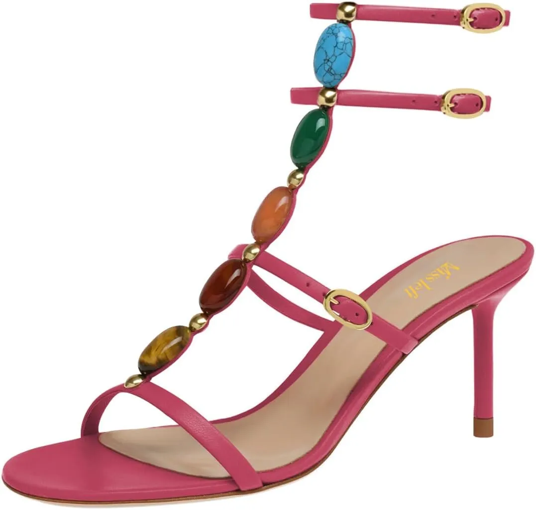 miss left Women Sexy Beaded T-Strap Buckled Stiletto Sandals Open Toe Thin Mid Heel Jewelled Evening Dress Party Shoes Size 4-16 US