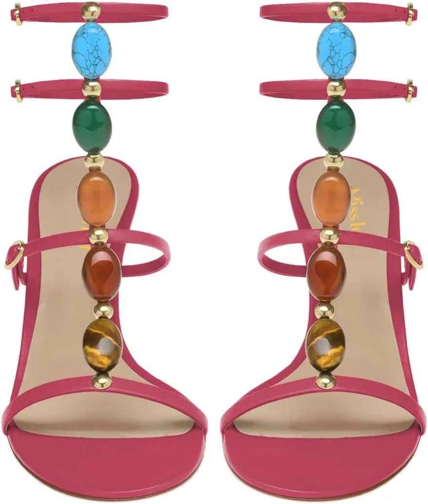 miss left Women Sexy Beaded T-Strap Buckled Stiletto Sandals Open Toe Thin Mid Heel Jewelled Evening Dress Party Shoes Size 4-16 US