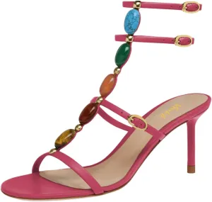 miss left Women Sexy Beaded T-Strap Buckled Stiletto Sandals Open Toe Thin Mid Heel Jewelled Evening Dress Party Shoes Size 4-16 US