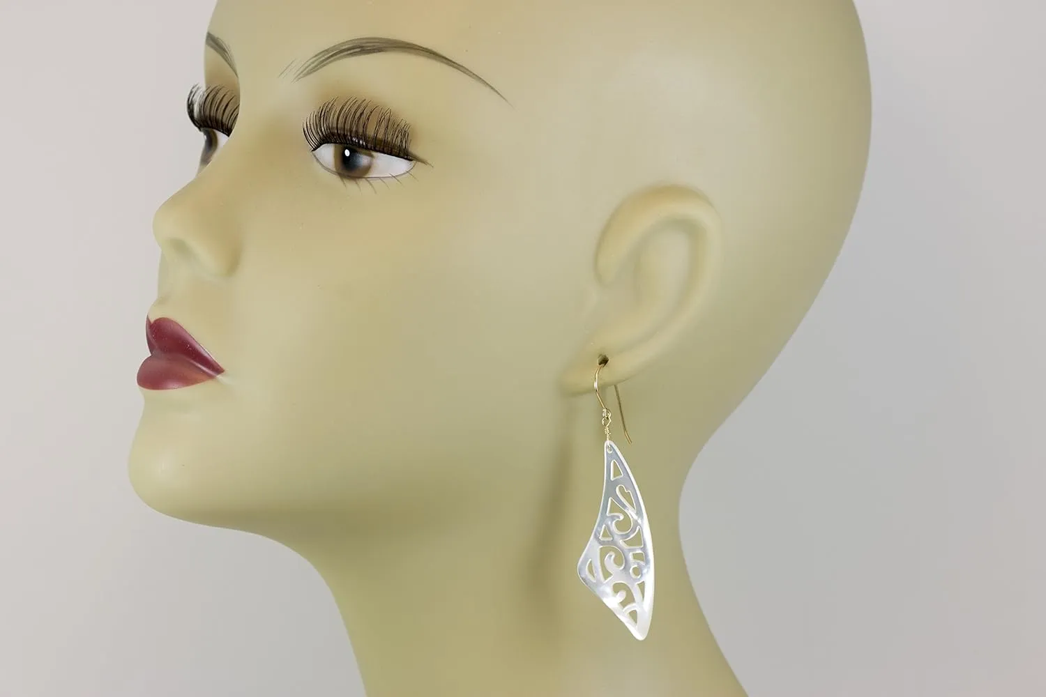 Mother of Pearl Earrings White Carved Relief Curved Triangle Long MOP Drops