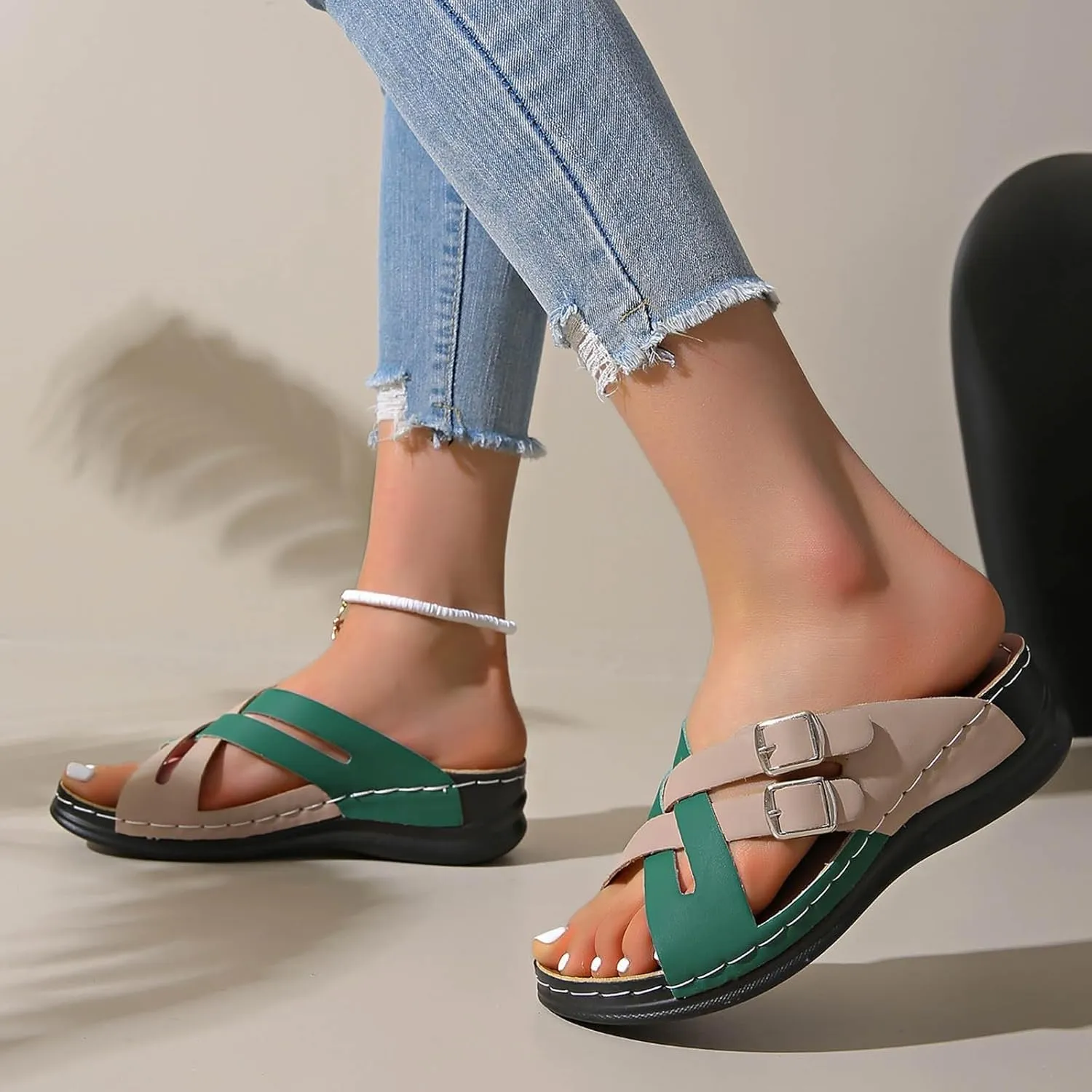Mules for Women 2025 Adjustable X-Strap Buckle Orthopedic Sandals Low Wedges Heel Cushion Footbed Sandals Casual Slippers Non-Slip Beach Shoes Lightweight Outdoor Slippers