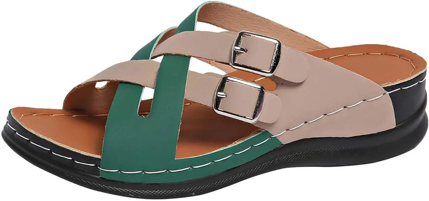 Mules for Women 2025 Adjustable X-Strap Buckle Orthopedic Sandals Low Wedges Heel Cushion Footbed Sandals Casual Slippers Non-Slip Beach Shoes Lightweight Outdoor Slippers