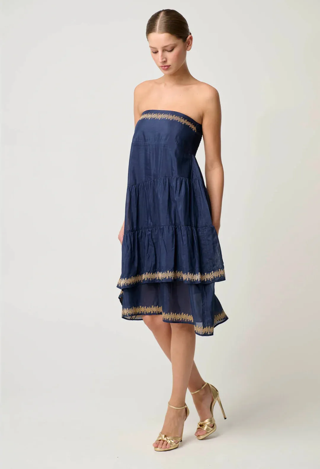 Mustique Cotton Silk Embroidered Skirt in Ink