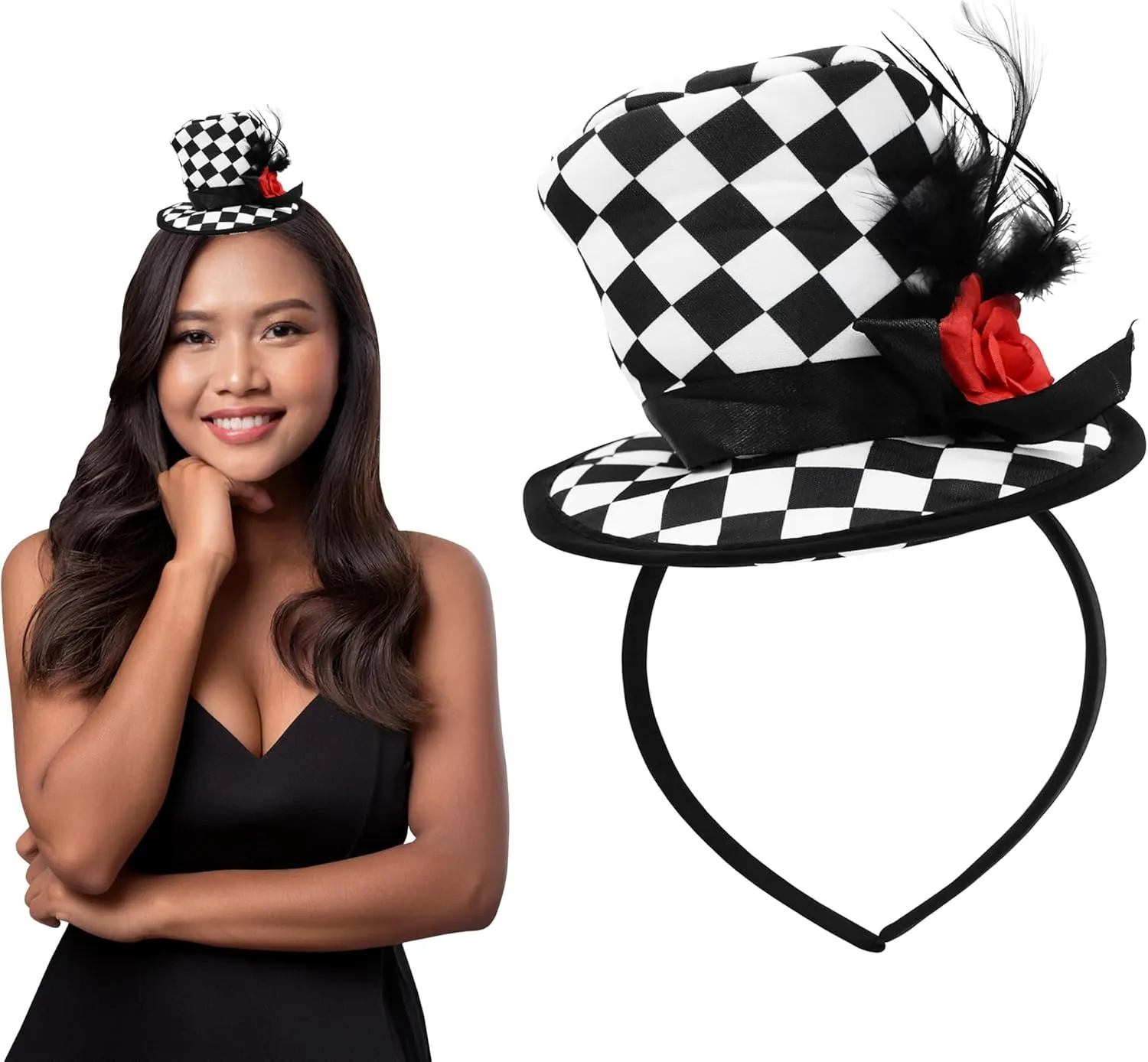 Nicky Bigs Novelties Adult Soft Mini Top Hat Headband Checkered with Feathers & Flower, One Size, Multi-Colored