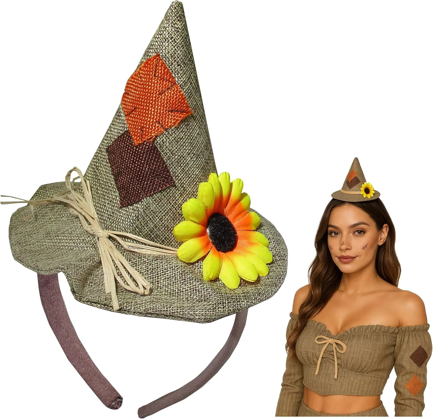 Nicky Bigs Novelties Unisex Adults Mini Scarecrow Hat On Headband Flower Halloween Costume Accessory Black