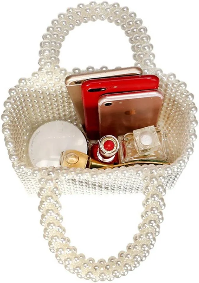 Noble Women Pearl Clutch Bag Beaded Purse Evening Bag Wedding Clutch with Pearl Handle Wedding Party Prom Casual Ivory