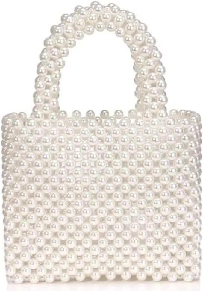 Noble Women Pearl Clutch Bag Beaded Purse Evening Bag Wedding Clutch with Pearl Handle Wedding Party Prom Casual Ivory