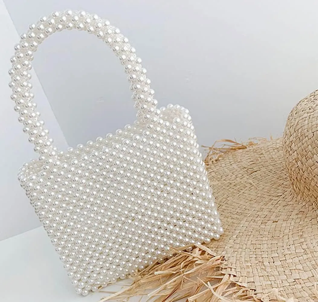 Noble Women Pearl Clutch Bag Beaded Purse Evening Bag Wedding Clutch with Pearl Handle Wedding Party Prom Casual Ivory