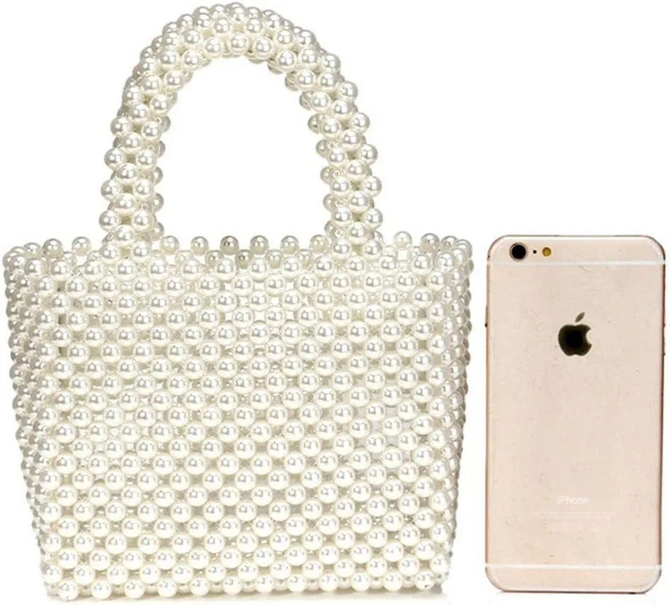 Noble Women Pearl Clutch Bag Beaded Purse Evening Bag Wedding Clutch with Pearl Handle Wedding Party Prom Casual Ivory