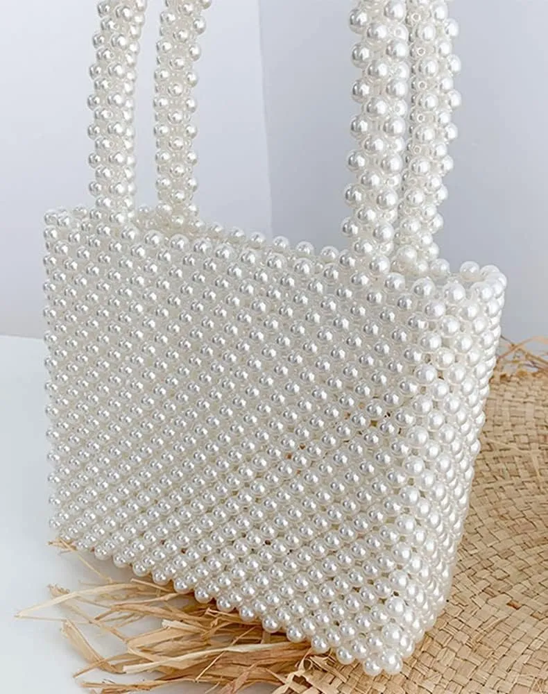 Noble Women Pearl Clutch Bag Beaded Purse Evening Bag Wedding Clutch with Pearl Handle Wedding Party Prom Casual Ivory
