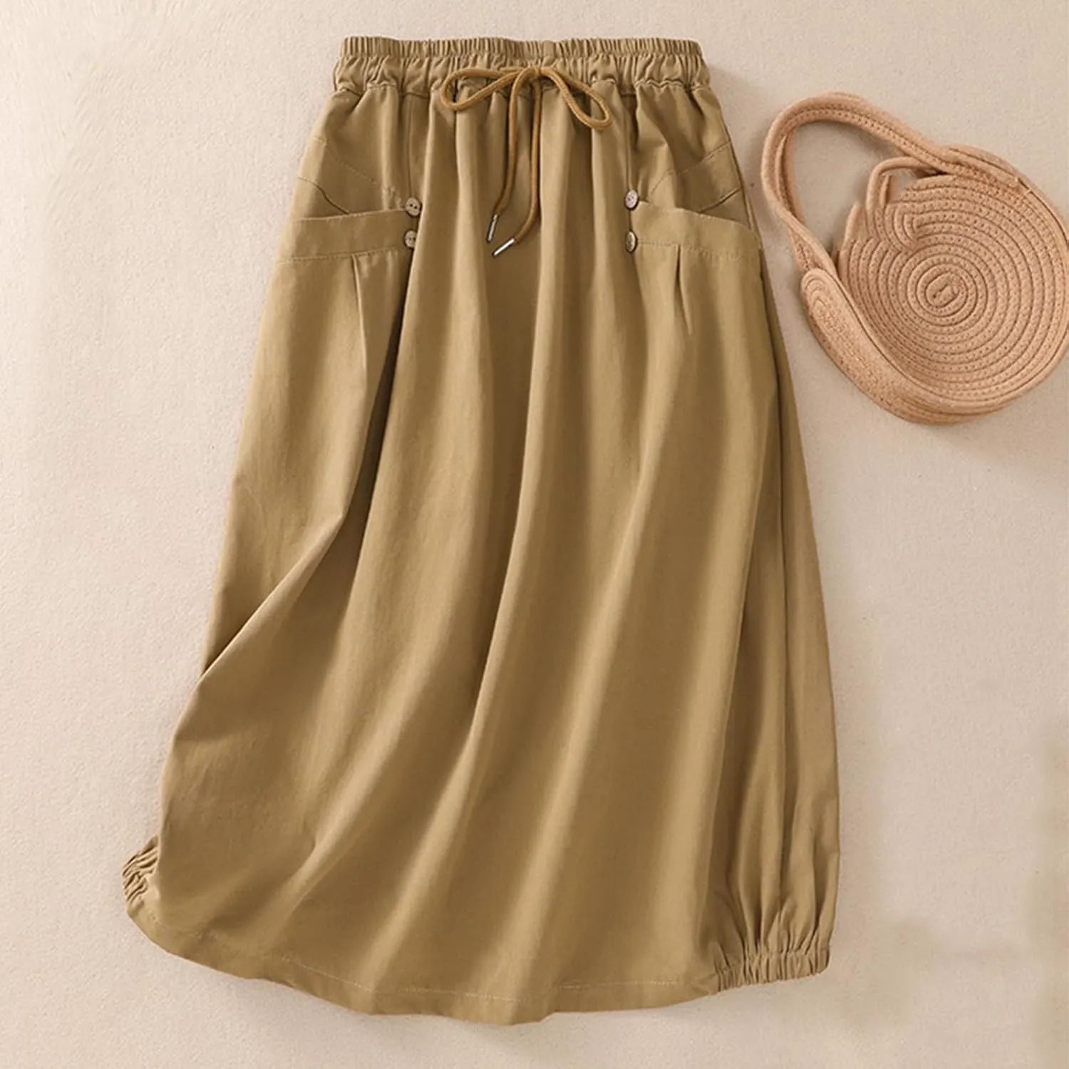 Oplxuo Women's Casual Cotton Linen Skirts with Pockets Elastic High Waist Drawstring Solid Color Loose Fit Midi Skirt