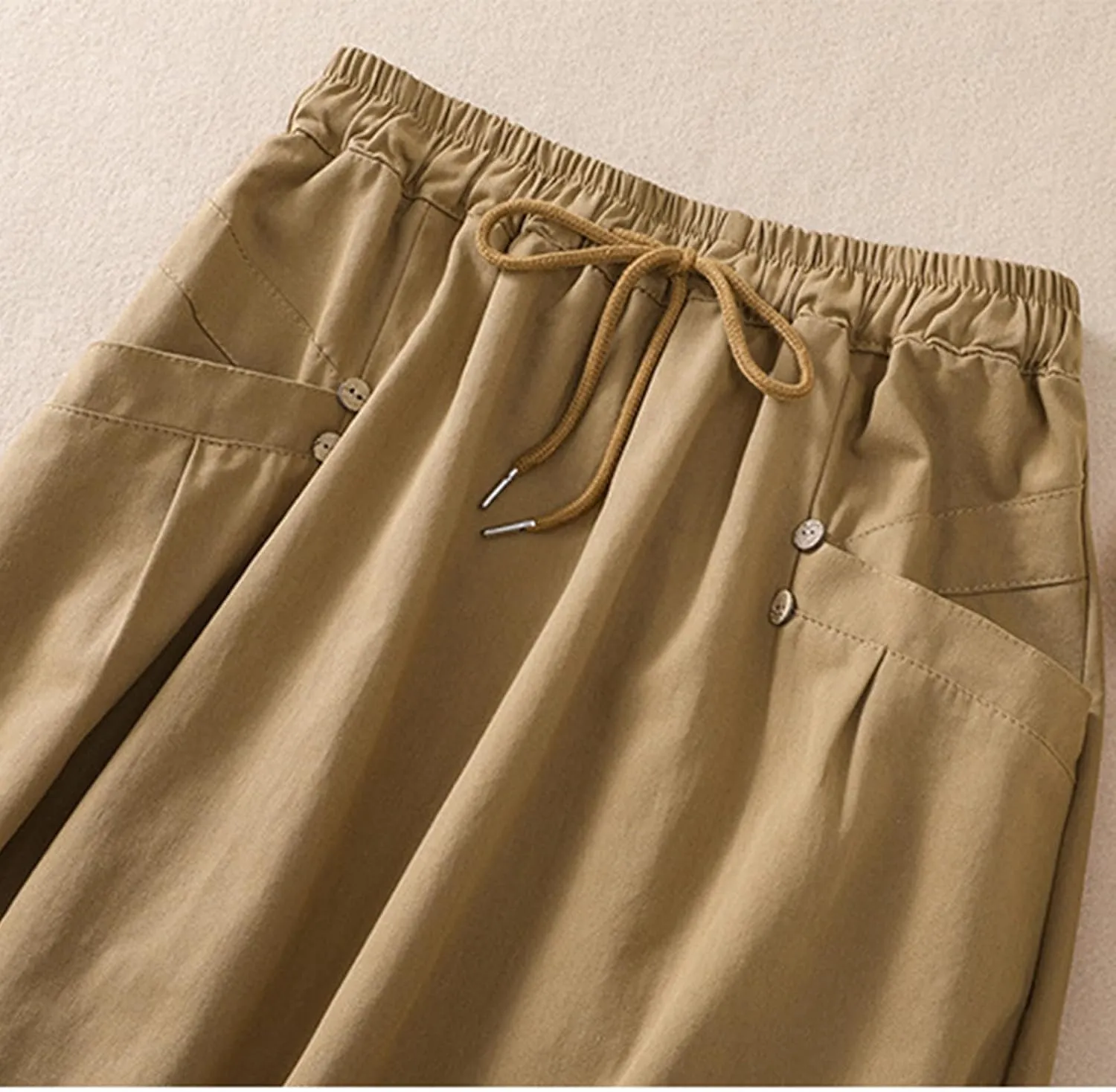 Oplxuo Women's Casual Cotton Linen Skirts with Pockets Elastic High Waist Drawstring Solid Color Loose Fit Midi Skirt