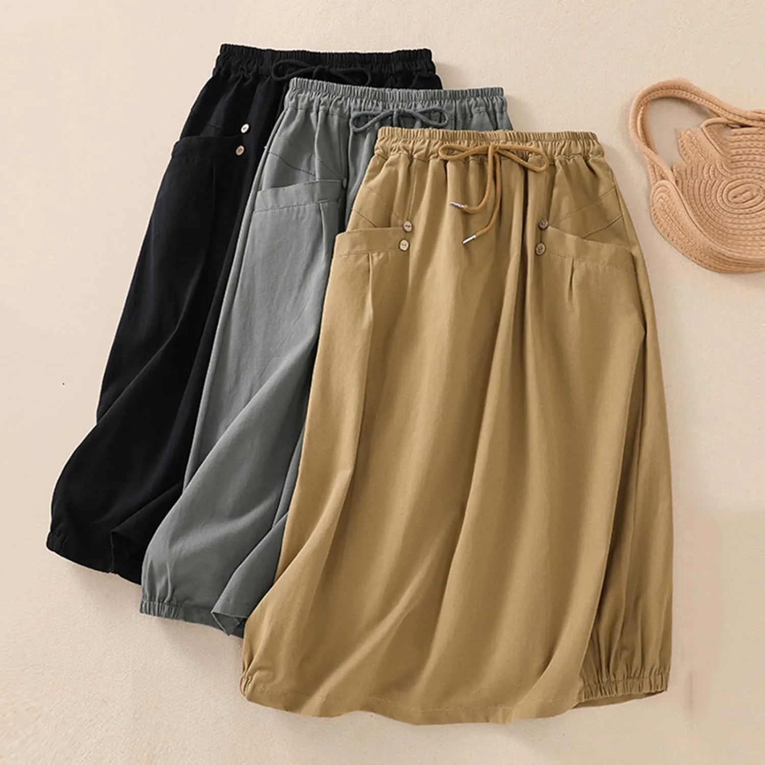 Oplxuo Women's Casual Cotton Linen Skirts with Pockets Elastic High Waist Drawstring Solid Color Loose Fit Midi Skirt