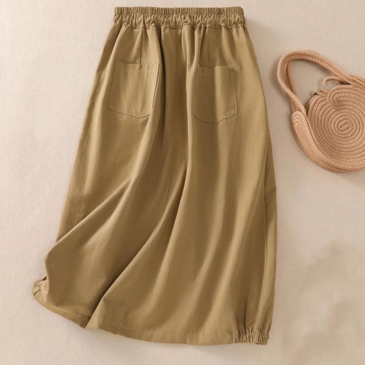 Oplxuo Women's Casual Cotton Linen Skirts with Pockets Elastic High Waist Drawstring Solid Color Loose Fit Midi Skirt