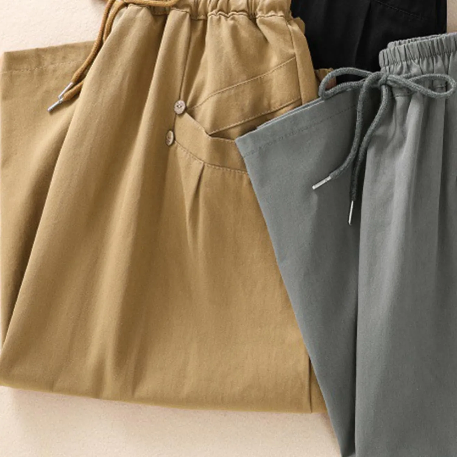 Oplxuo Women's Casual Cotton Linen Skirts with Pockets Elastic High Waist Drawstring Solid Color Loose Fit Midi Skirt