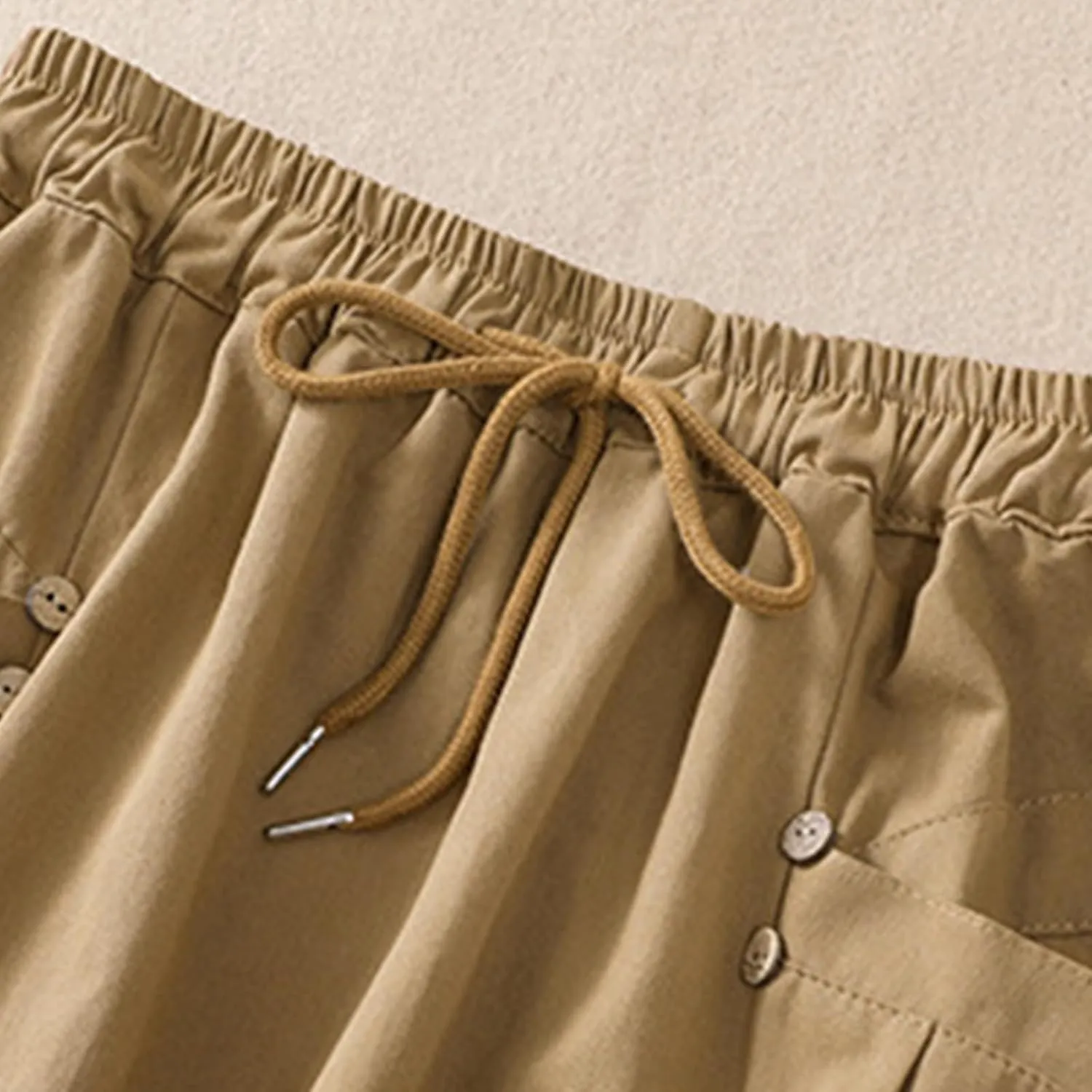 Oplxuo Women's Casual Cotton Linen Skirts with Pockets Elastic High Waist Drawstring Solid Color Loose Fit Midi Skirt