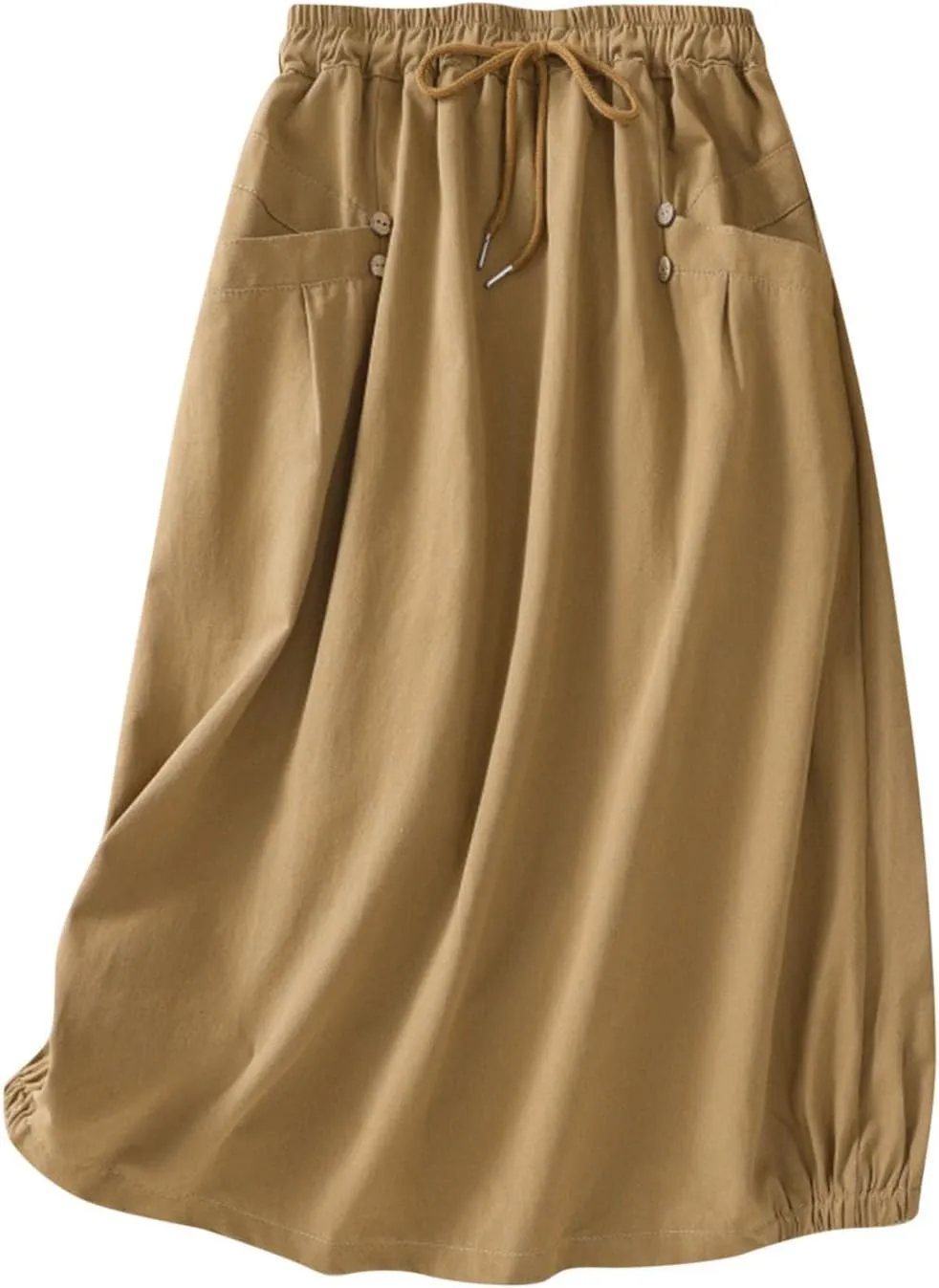 Oplxuo Women's Casual Cotton Linen Skirts with Pockets Elastic High Waist Drawstring Solid Color Loose Fit Midi Skirt