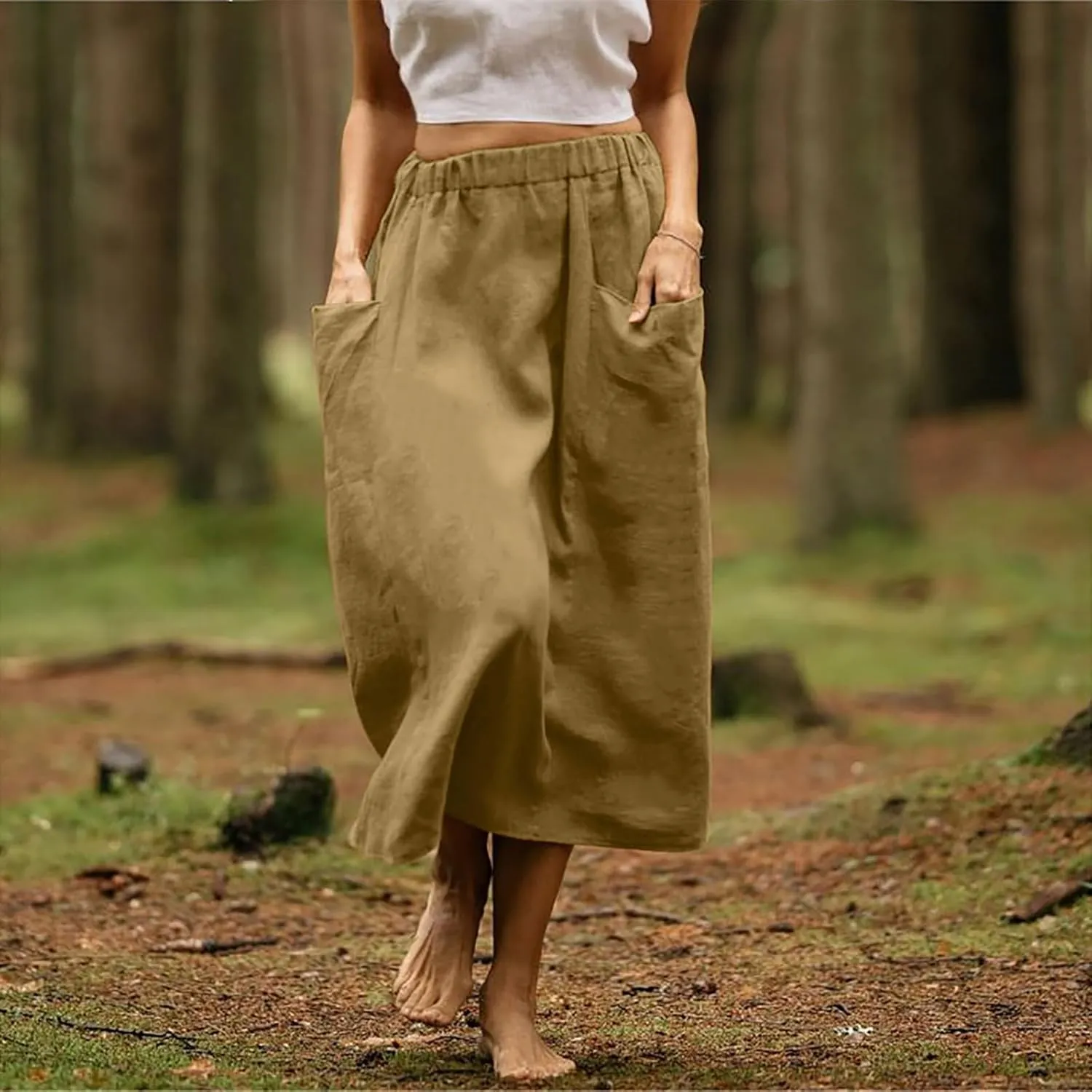 Oplxuo Women's Casual Cotton Linen Skirts with Pockets, Elastic High Waist Solid Color Loose Lightweight Midi Skirt