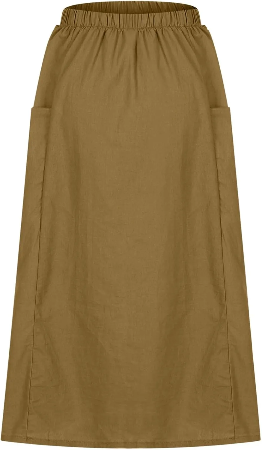 Oplxuo Women's Casual Cotton Linen Skirts with Pockets, Elastic High Waist Solid Color Loose Lightweight Midi Skirt
