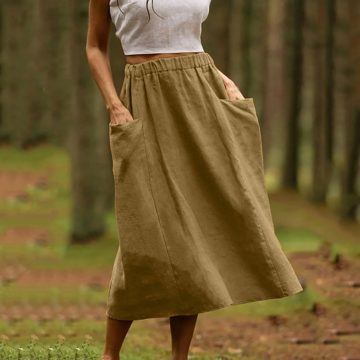 Oplxuo Women's Casual Cotton Linen Skirts with Pockets, Elastic High Waist Solid Color Loose Lightweight Midi Skirt