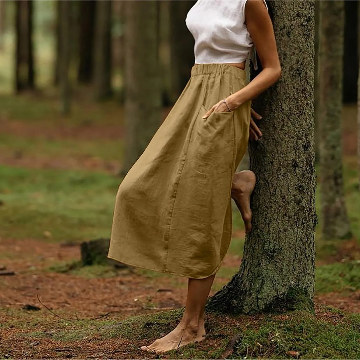 Oplxuo Women's Casual Cotton Linen Skirts with Pockets, Elastic High Waist Solid Color Loose Lightweight Midi Skirt