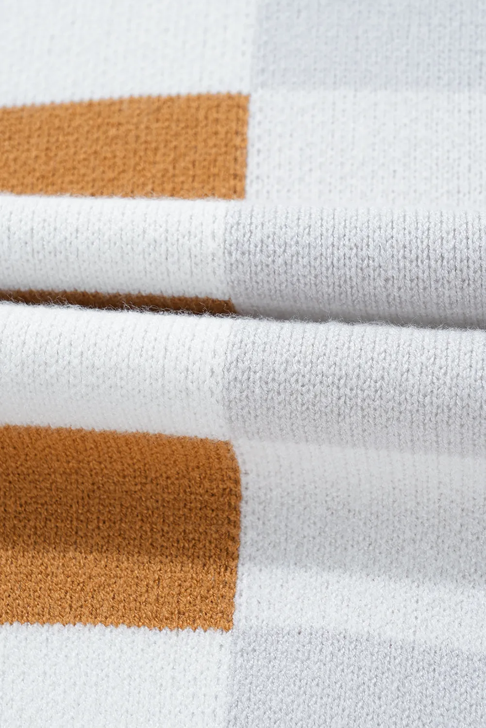 Orange Checkered Ribbed Edge O Neck Drop Shoulder Sweater