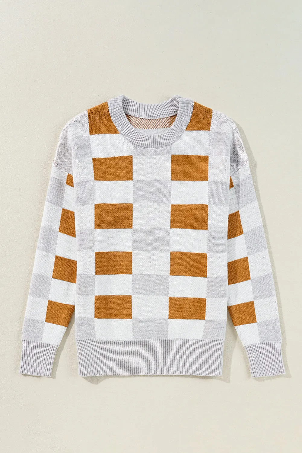 Orange Checkered Ribbed Edge O Neck Drop Shoulder Sweater