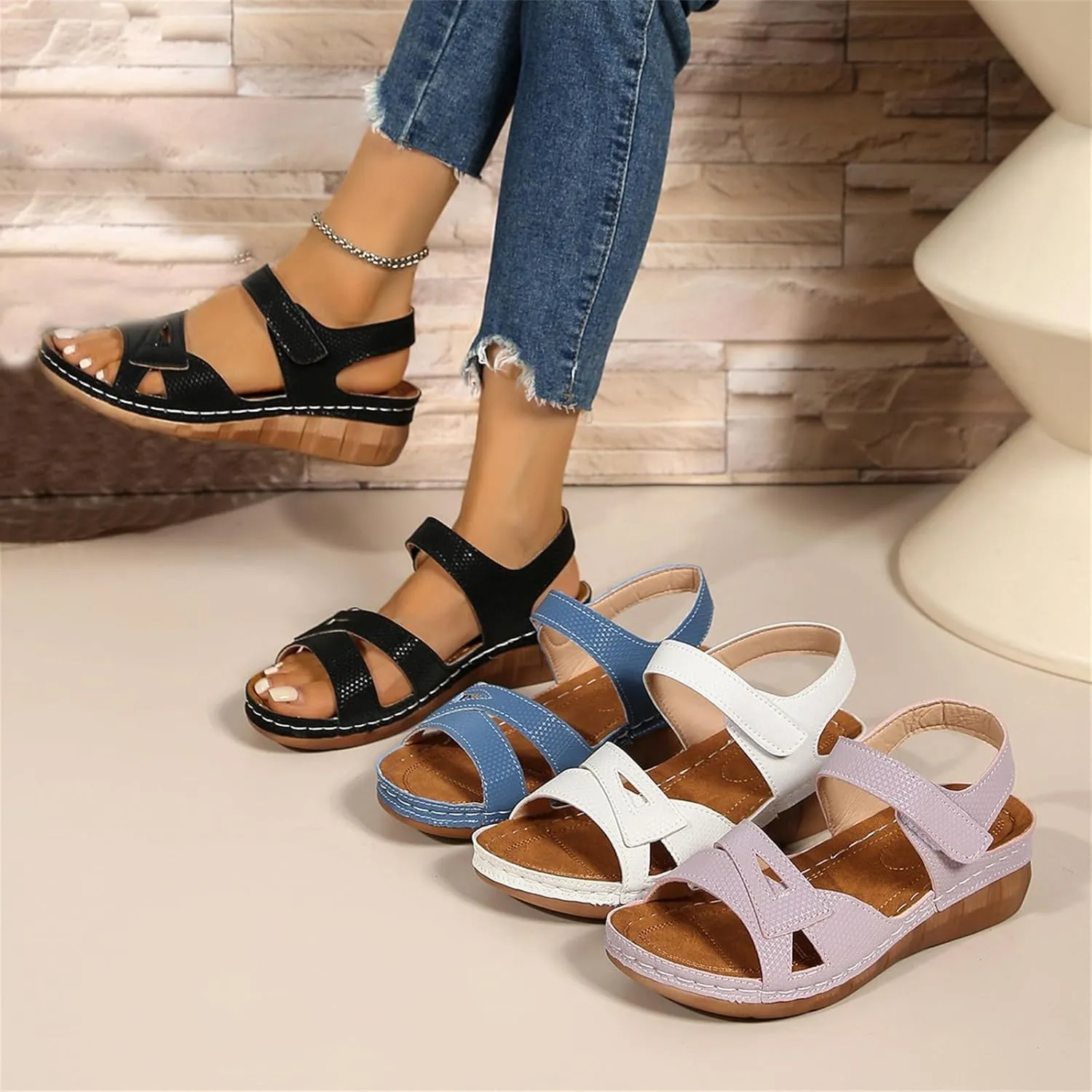 Orthopedic Sandals for Women 2025 Low Heel Wedge Platform Sandals Open Toe Arch Support Slip On Shoes Summer Walking Comfortable Fashion Shoes Casual Beach Vacation Sandal