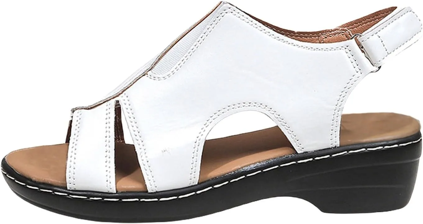 Orthopedic Sandals for Women Open Toe Arch Support Slides Low Wedge Sandals With Adjustable Hook Loop Slip On Walking Shoes