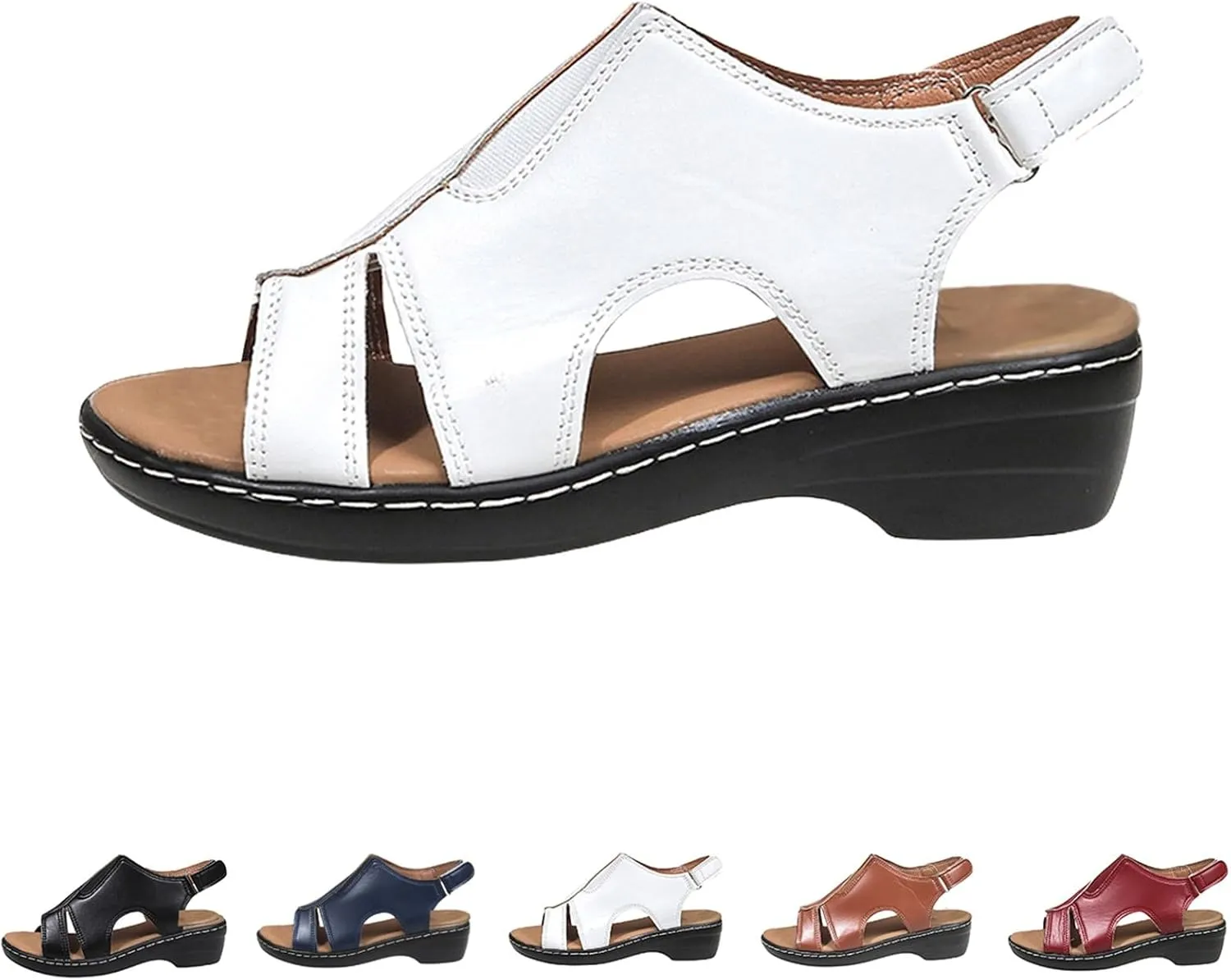 Orthopedic Sandals for Women Open Toe Arch Support Slides Low Wedge Sandals With Adjustable Hook Loop Slip On Walking Shoes