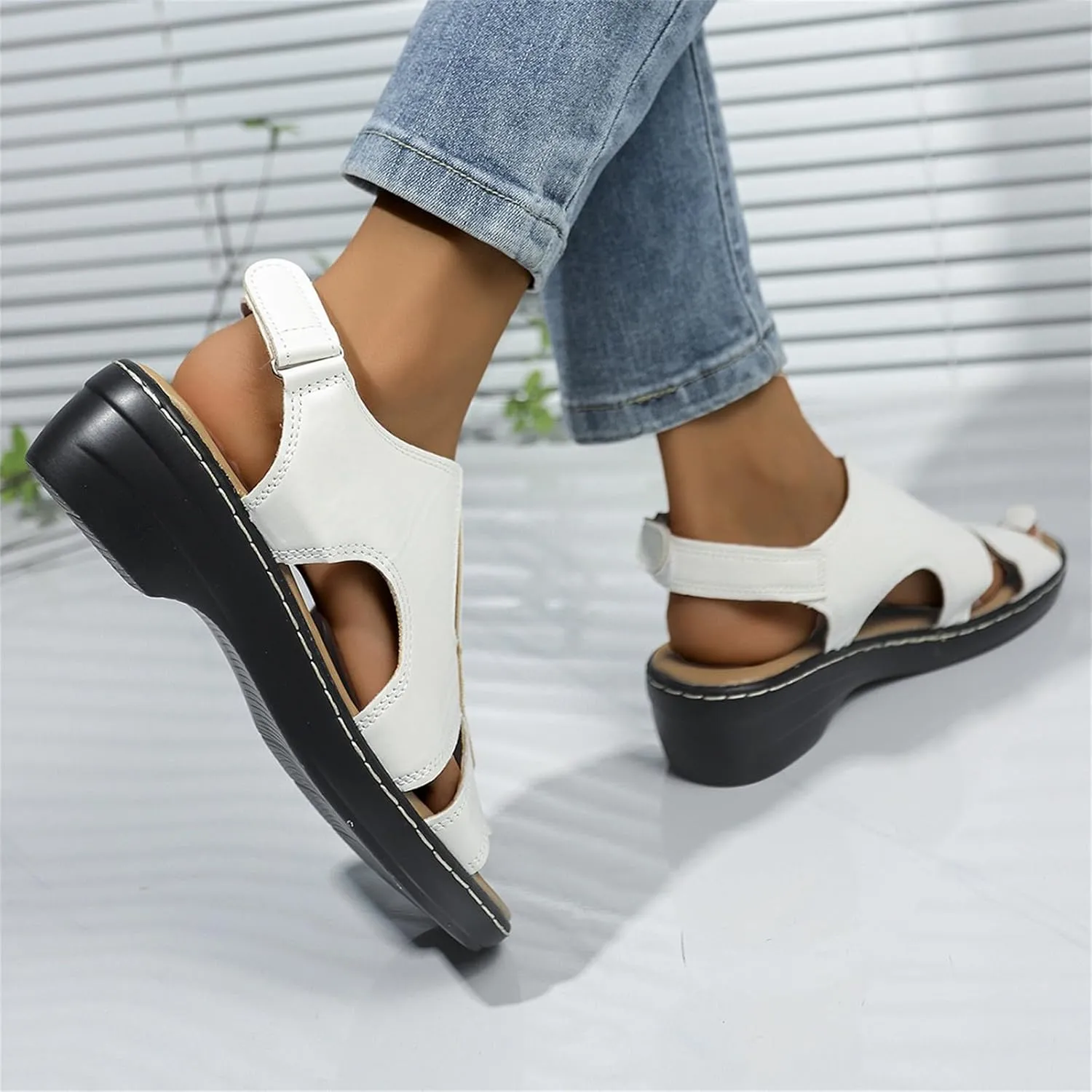 Orthopedic Sandals for Women Open Toe Arch Support Slides Low Wedge Sandals With Adjustable Hook Loop Slip On Walking Shoes