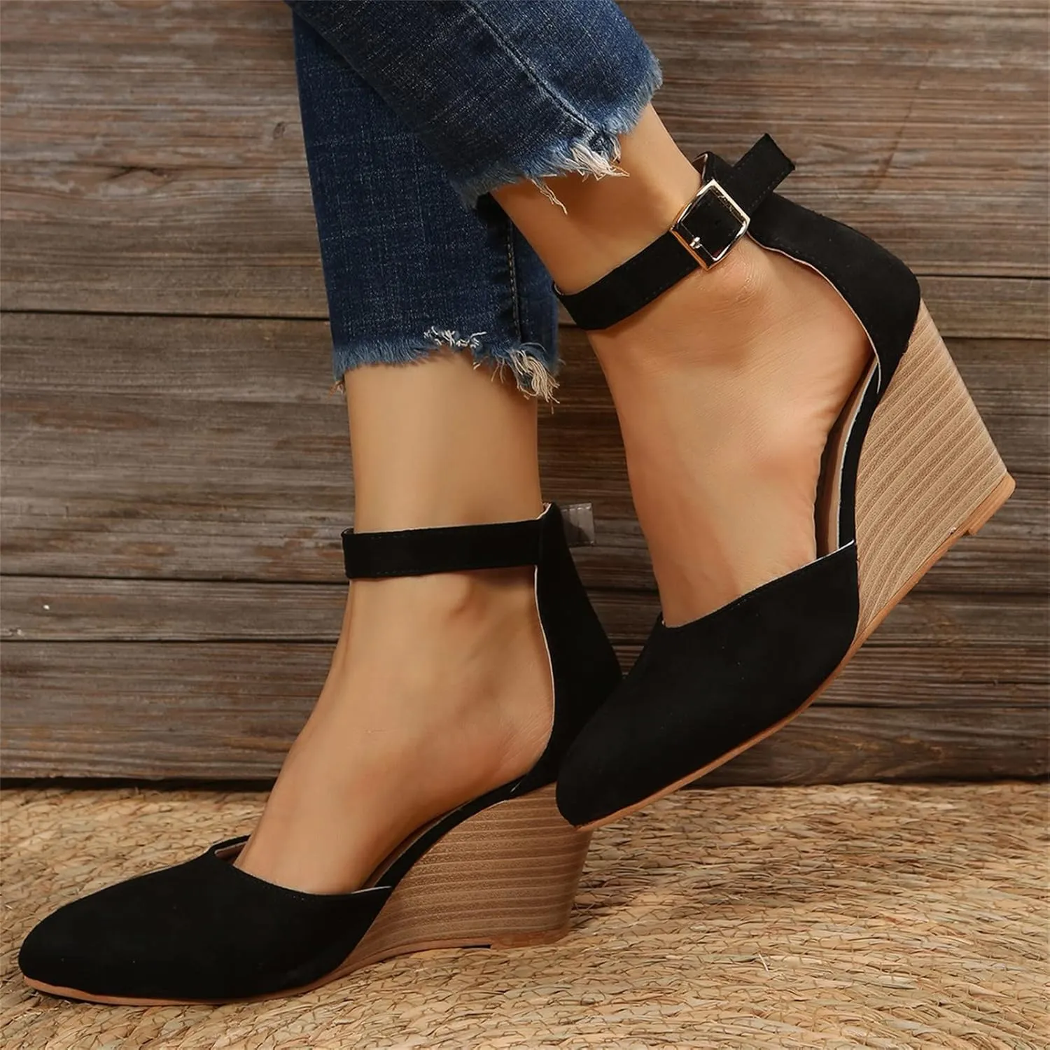 Orthopedic Sandals For Women Pointed Toe Closed Toe Suede Wedge Heels Thick Sole Buckle Wedge Platform Sandals Slides