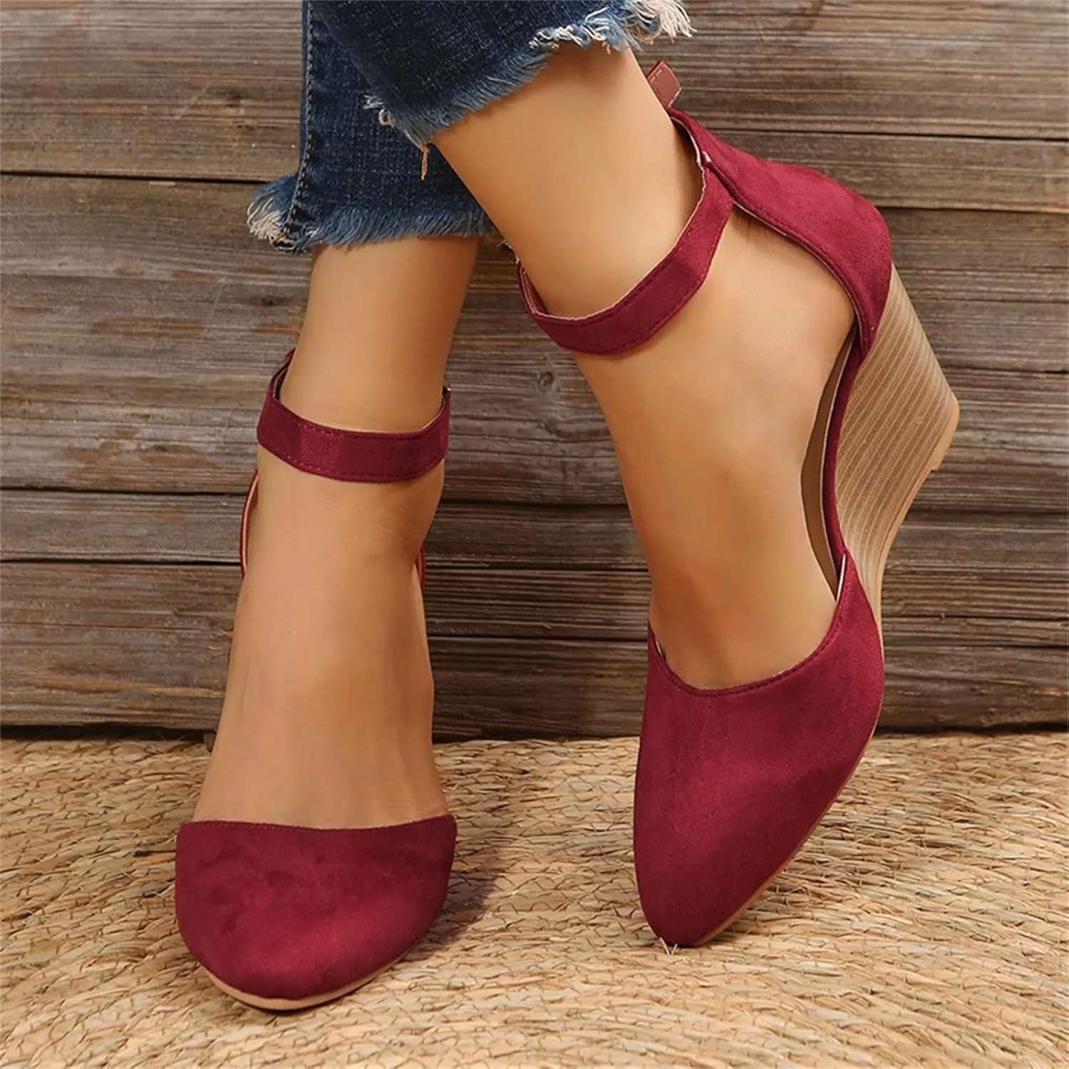 Orthopedic Sandals For Women Pointed Toe Closed Toe Suede Wedge Heels Thick Sole Buckle Wedge Platform Sandals Slides