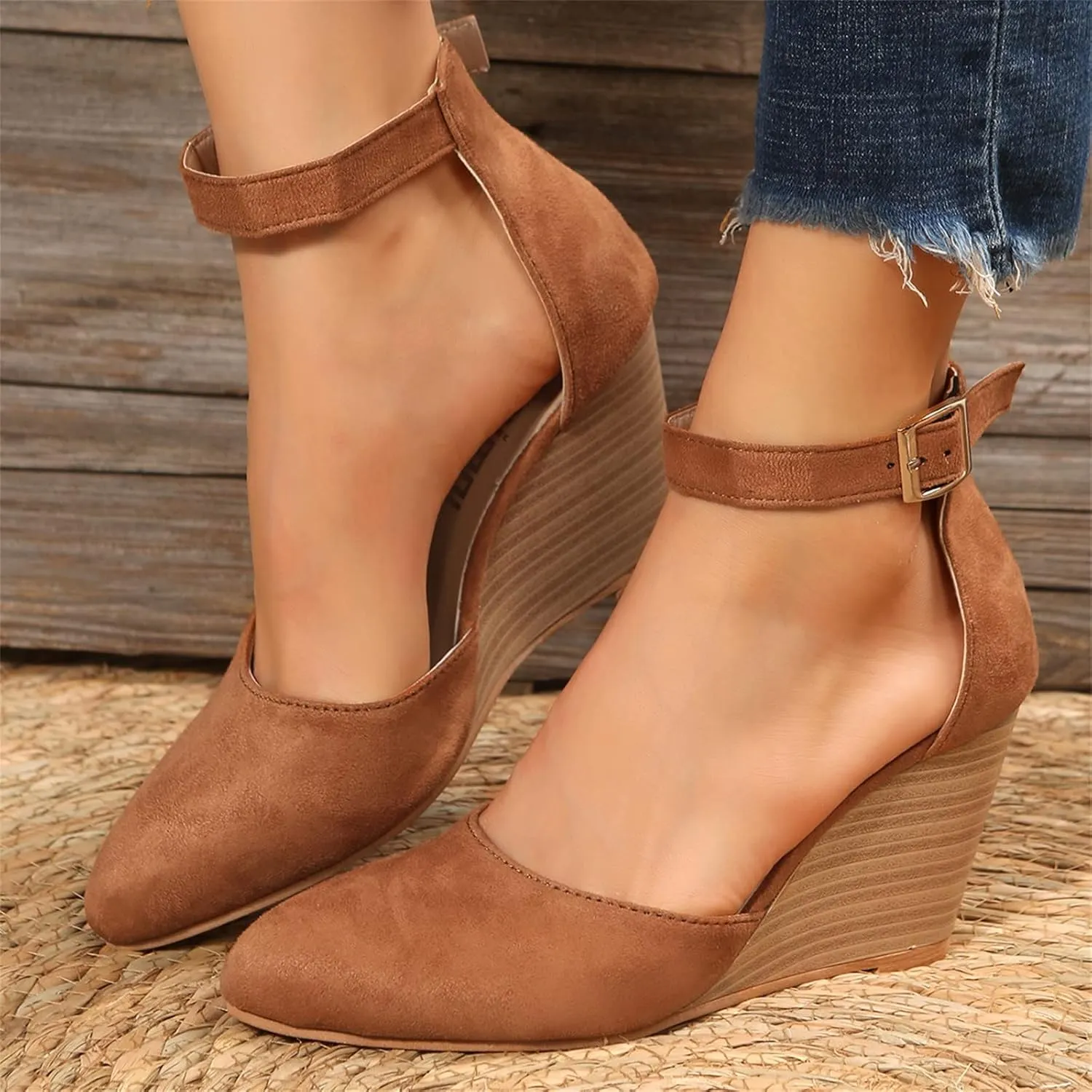 Orthopedic Sandals For Women Pointed Toe Closed Toe Suede Wedge Heels Thick Sole Buckle Wedge Platform Sandals Slides