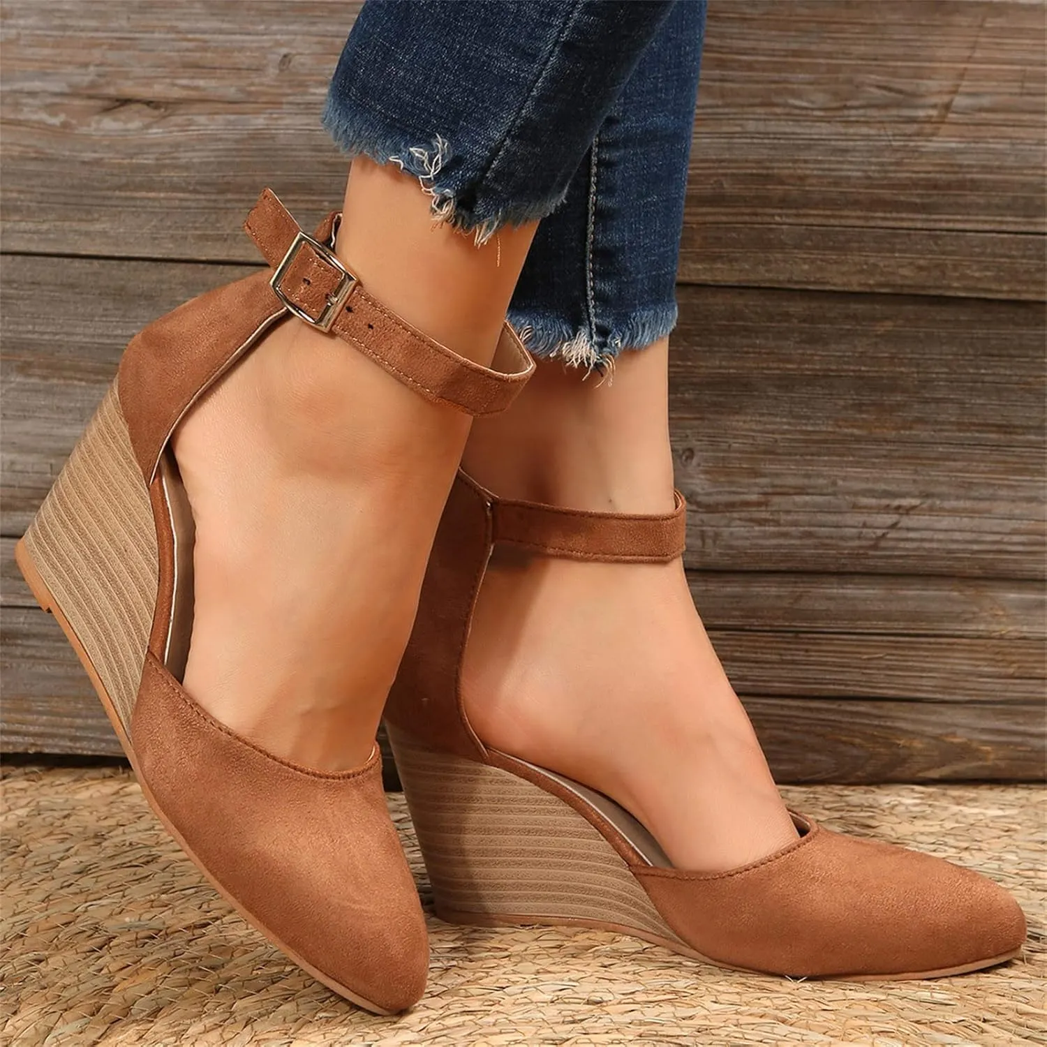 Orthopedic Sandals For Women Pointed Toe Closed Toe Suede Wedge Heels Thick Sole Buckle Wedge Platform Sandals Slides