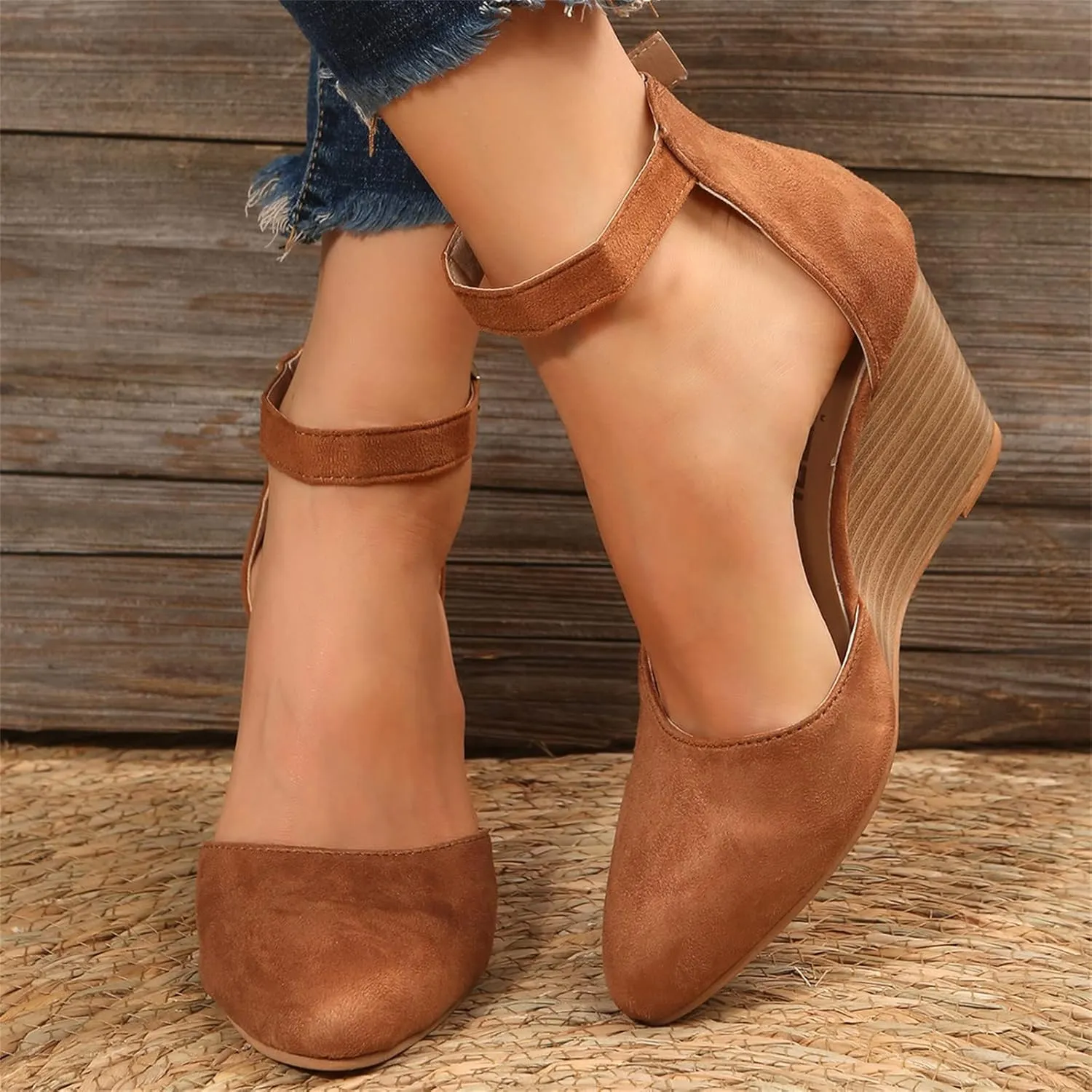 Orthopedic Sandals For Women Pointed Toe Closed Toe Suede Wedge Heels Thick Sole Buckle Wedge Platform Sandals Slides