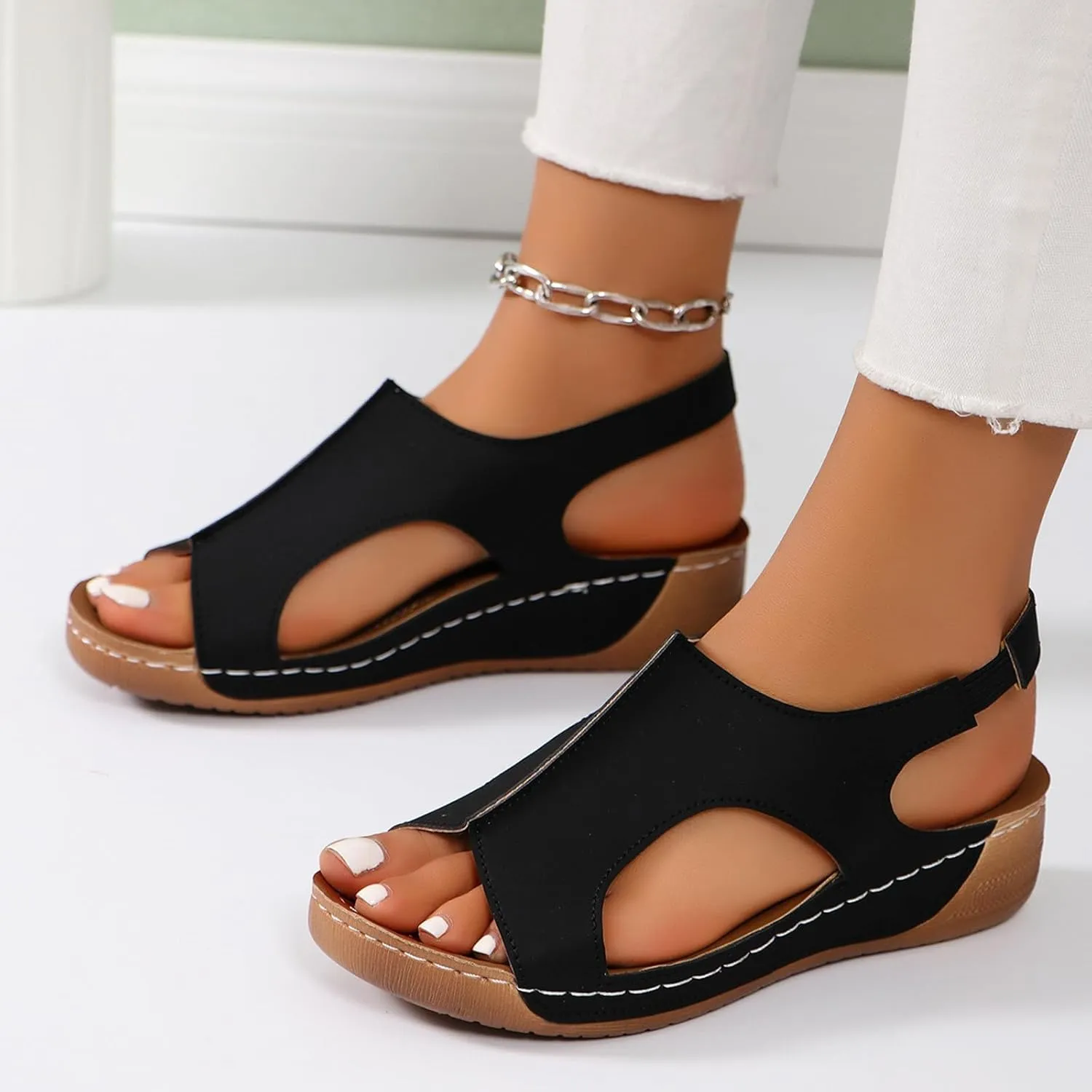 Orthopedic Sandals for Women Summer Comfortable Dressy Casual Slides Sandals Open Toe Elastic Ankle Strap Slip On Sandal Ladies Beach Walking Shoes Indoor Outdoor