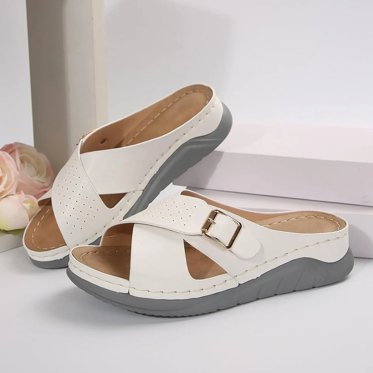 Orthopedic Sandals for Women Wide Width, Womens Arch Support Sandals Dressy Summer Comfortable Leather Sandal Slip On Recovery Sandal Casual Slippers