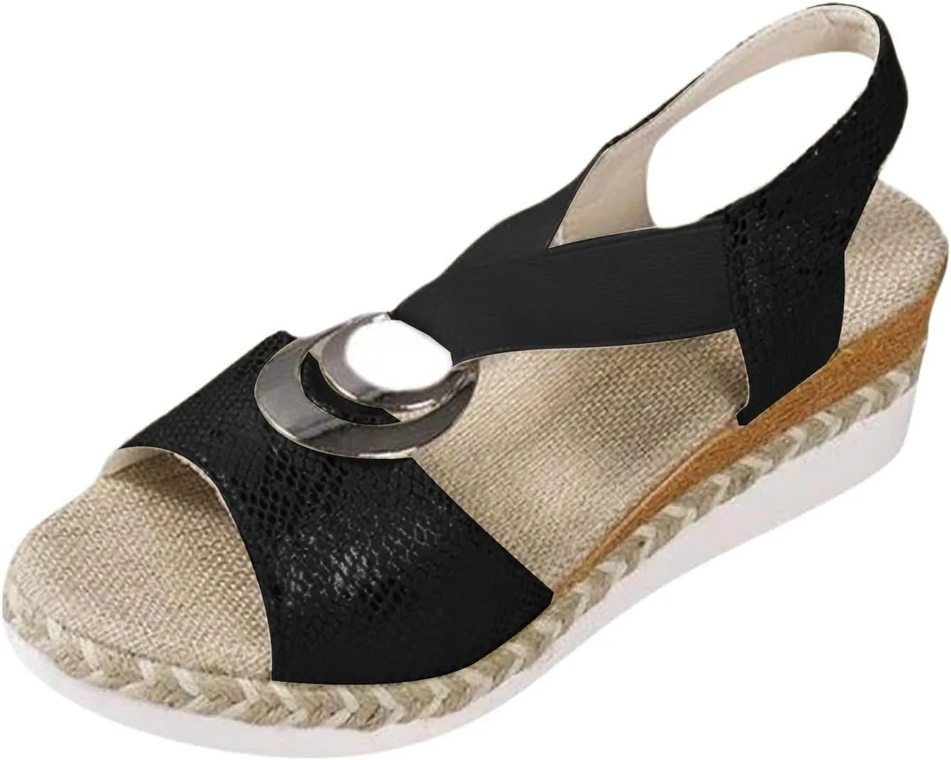 Orthopedic Wedge Sandals for Women Fashion Bohemian Leather Sandals Flat Open Toe Ankle Strap Espadrilles Walking Shoes Summer Lightweight Solid Color Outdoor Shoes Breathable Card Wedge Sneaker