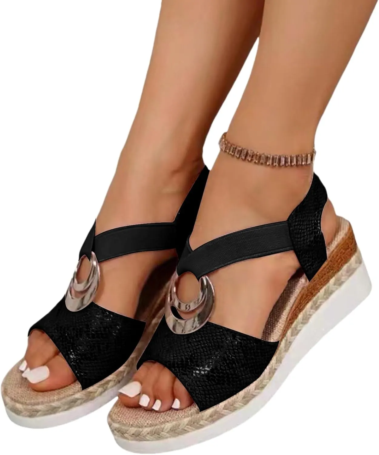 Orthopedic Wedge Sandals for Women Fashion Bohemian Leather Sandals Flat Open Toe Ankle Strap Espadrilles Walking Shoes Summer Lightweight Solid Color Outdoor Shoes Breathable Card Wedge Sneaker