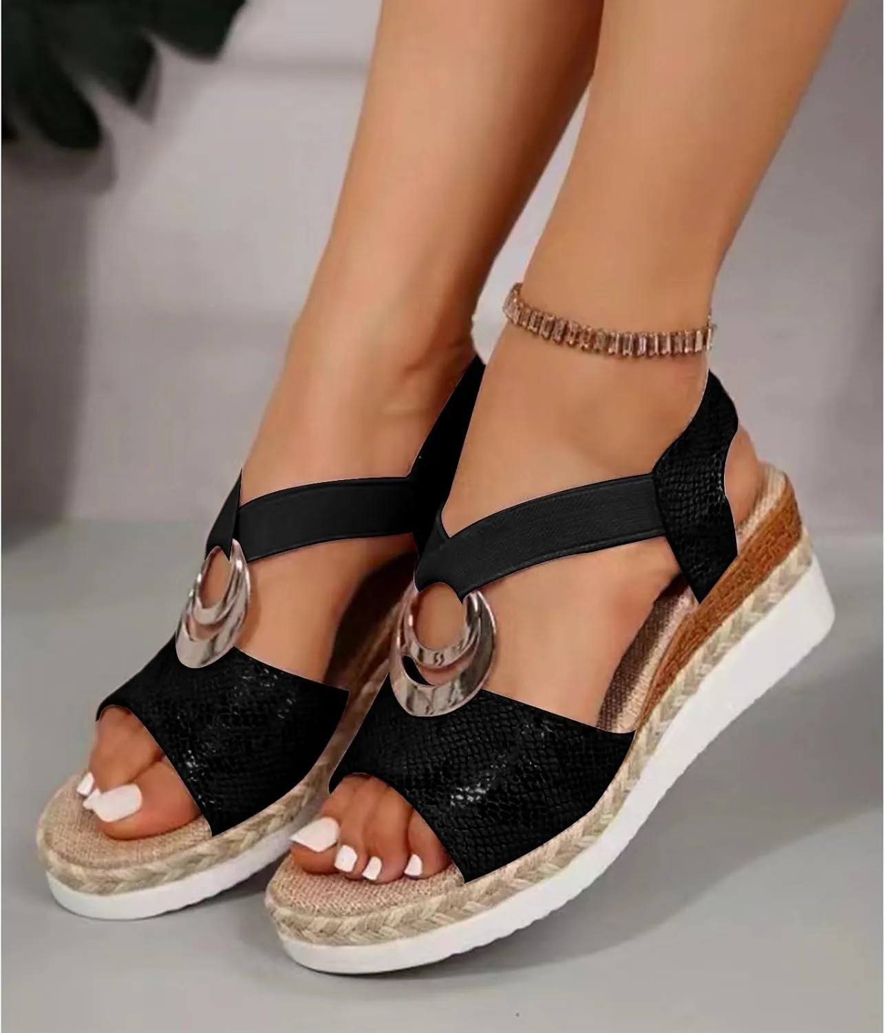 Orthopedic Wedge Sandals for Women Fashion Bohemian Leather Sandals Flat Open Toe Ankle Strap Espadrilles Walking Shoes Summer Lightweight Solid Color Outdoor Shoes Breathable Card Wedge Sneaker