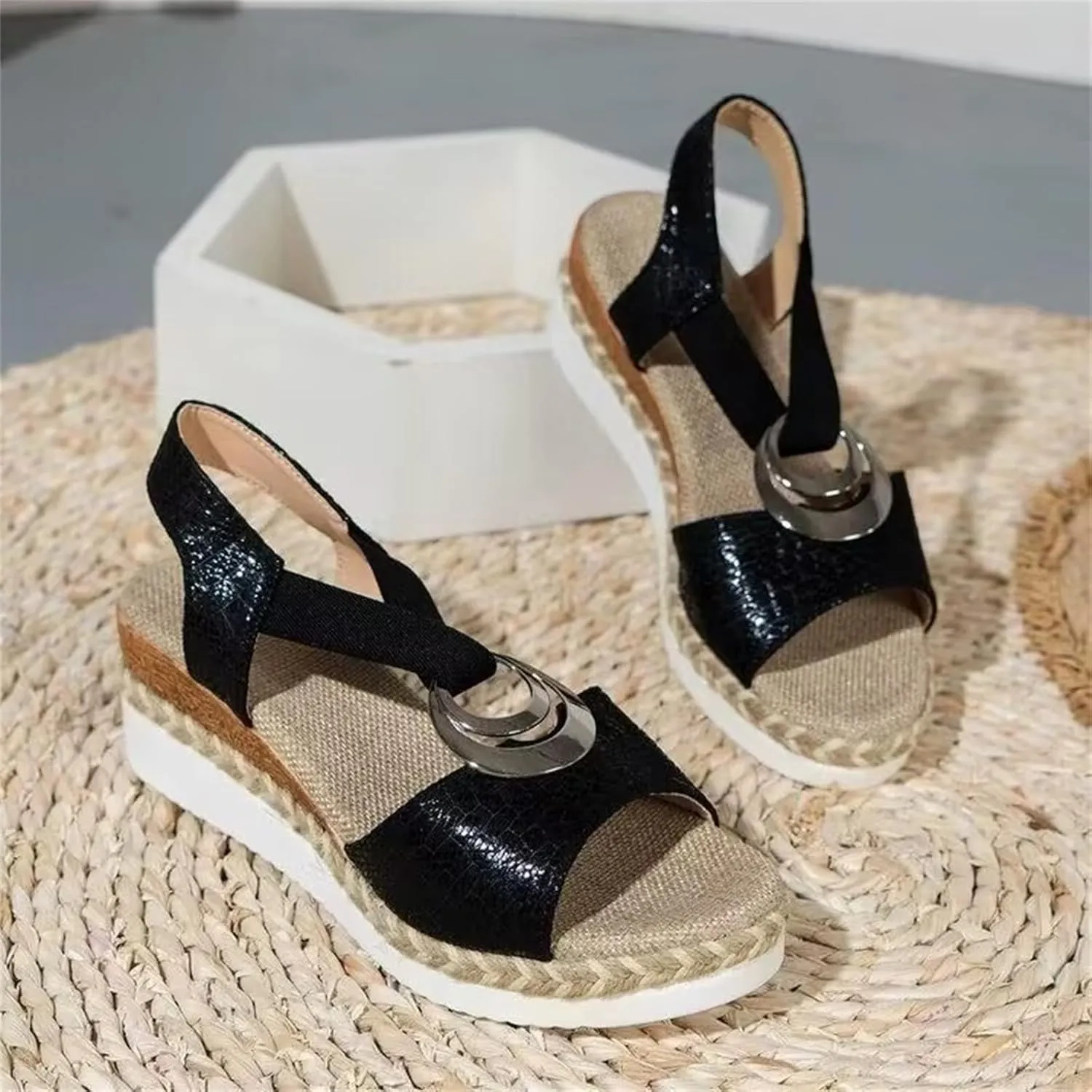 Orthopedic Wedge Sandals for Women Fashion Bohemian Leather Sandals Flat Open Toe Ankle Strap Espadrilles Walking Shoes Summer Lightweight Solid Color Outdoor Shoes Breathable Card Wedge Sneaker