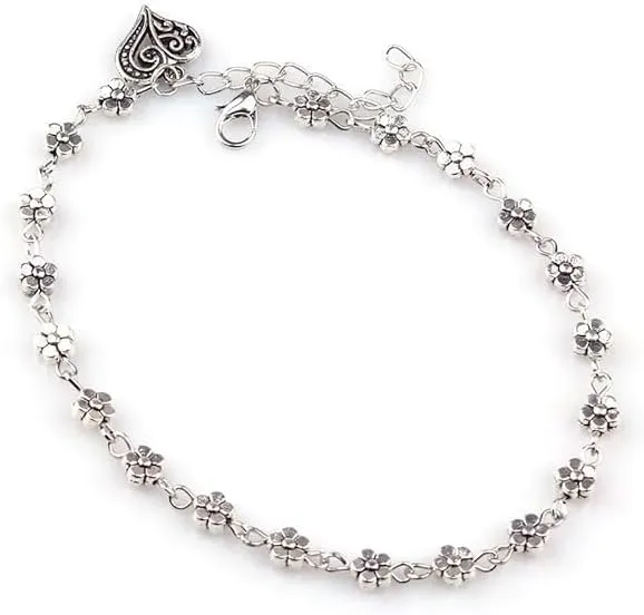 Oxidised Silver Floral Single Stylish Anklet for Women