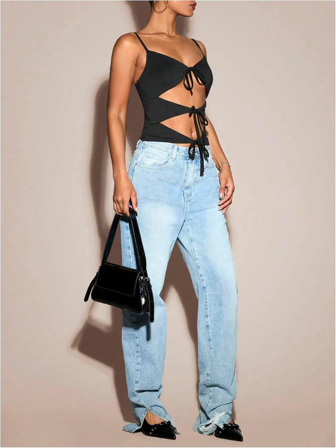 OYOANGLE Women's Tie Front Camisoles Cut Out Spaghetti Strap V Neck Sleeveless Y2K Crop Tops