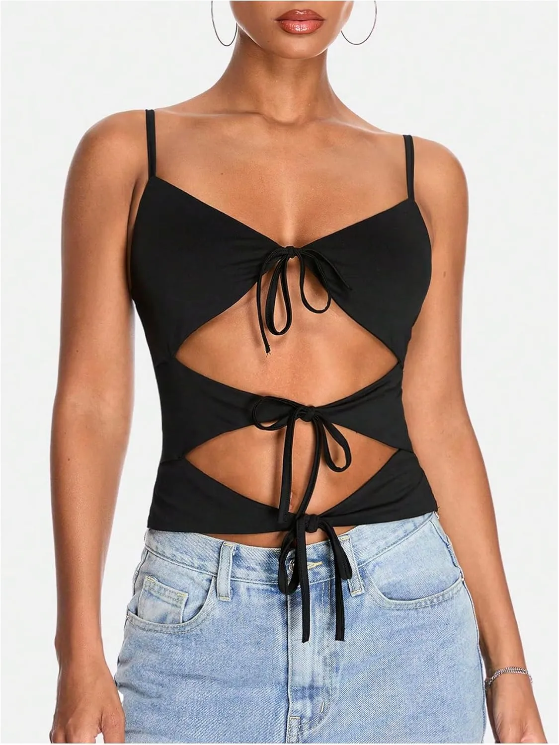 OYOANGLE Women's Tie Front Camisoles Cut Out Spaghetti Strap V Neck Sleeveless Y2K Crop Tops
