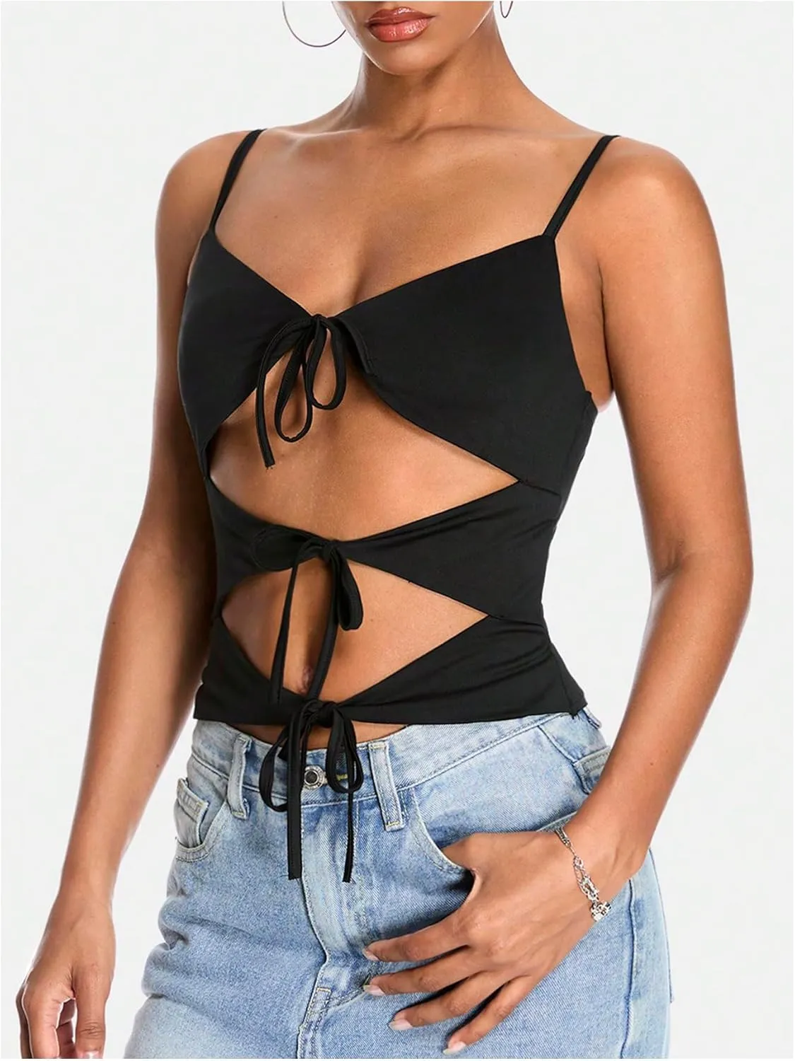 OYOANGLE Women's Tie Front Camisoles Cut Out Spaghetti Strap V Neck Sleeveless Y2K Crop Tops