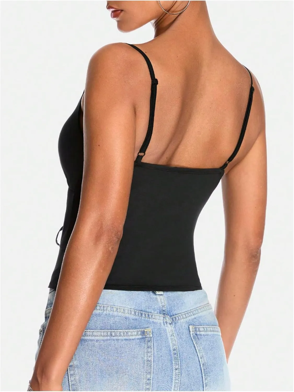 OYOANGLE Women's Tie Front Camisoles Cut Out Spaghetti Strap V Neck Sleeveless Y2K Crop Tops