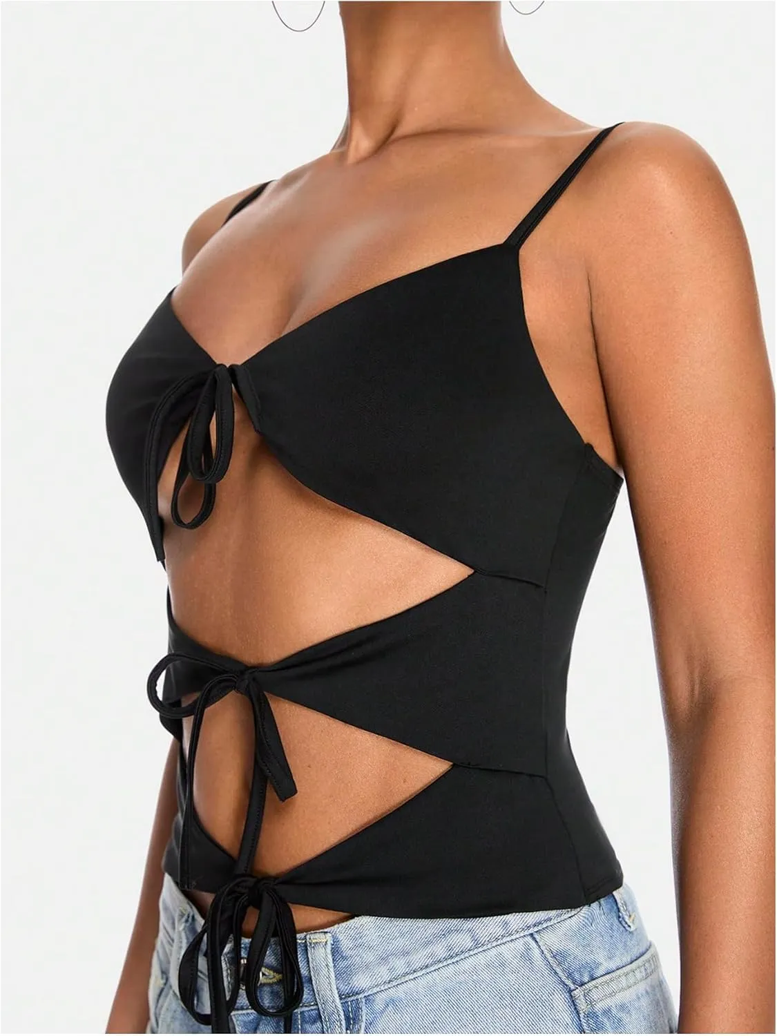 OYOANGLE Women's Tie Front Camisoles Cut Out Spaghetti Strap V Neck Sleeveless Y2K Crop Tops